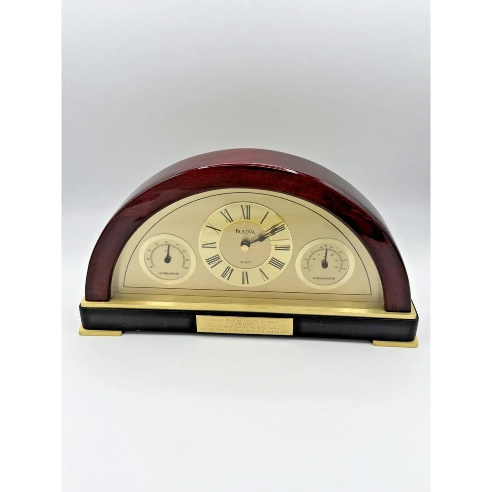 Bulova Mantel Clock Quartz Wood Brass Hygrometer Thermometer Engraved